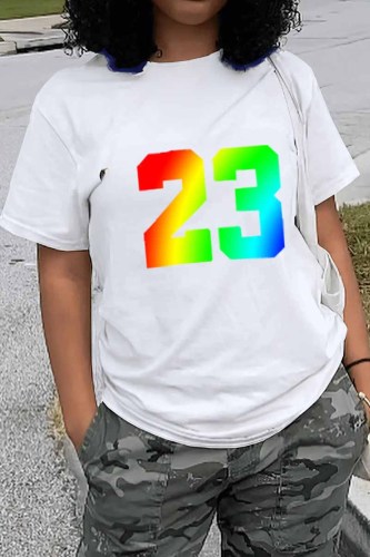 White Casual Print Patchwork O Neck T-Shirts