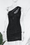 Black Sexy Solid Hollowed Out Oblique Collar Sleeveless Dress Dresses