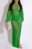Green Sexy Solid Tassel Hollowed Out Patchwork Slit Swimwears Cover Up