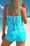 Light Blue Sexy Print Patchwork Backless Swimwears (With Paddings)