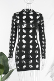 Black Sexy Solid Hollowed Out Half A Turtleneck Long Sleeve Dresses