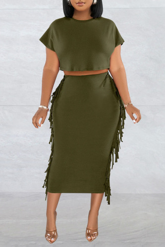 Ink Green Casual Solid Tassel Patchwork O Neck Short Sleeve Two Pieces