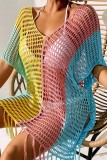 Red Blue Crochet Deep V Neck Short Sleeve Tassel Hollowed Out See-Through Vacation Beach Swimwears Cover Up