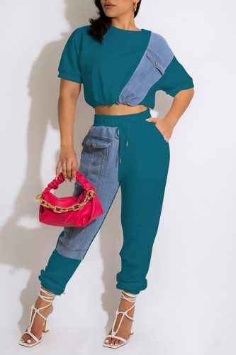 Lake Blue Casual Solid Patchwork O Neck Short Sleeve Two Pieces