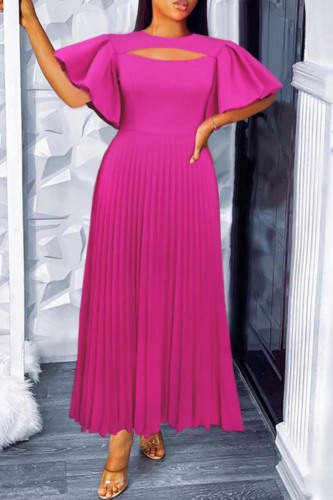 Rose Red Casual Solid Hollowed Out Patchwork O Neck Pleated Dresses