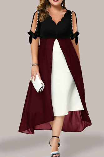 Burgundy Casual Solid Patchwork V Neck A Line Dresses