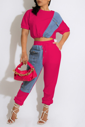 Rose Red Casual Solid Patchwork O Neck Short Sleeve Two Pieces