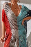 Pink Sexy Patchwork Tassel Hollowed Out See-through Contrast Swimwears Cover Up