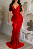 Rose Red Sexy Solid Patchwork Halter Long Dress Dresses