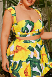 Yellow Sexy Solid Patchwork Backless Square Collar Plus Size Swimwear (With Paddings)