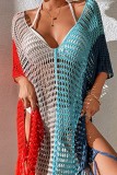 Red Crochet Deep V Neck Short Sleeve Tassel Hollowed Out See-Through Vacation Beach Swimwears Cover Up