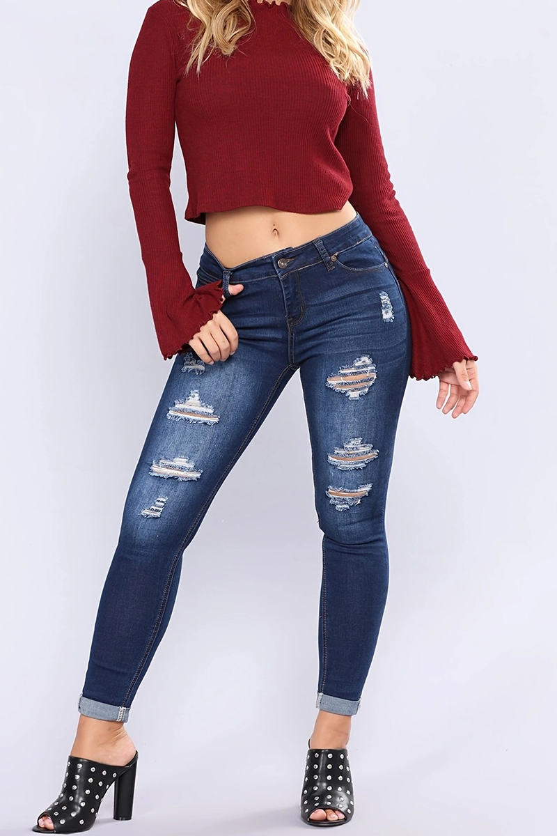 Dark Blue High-waisted With Rips Skinny Denim Jeans