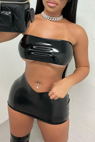 Black Sexy Solid Patchwork Strapless Sleeveless Two Pieces