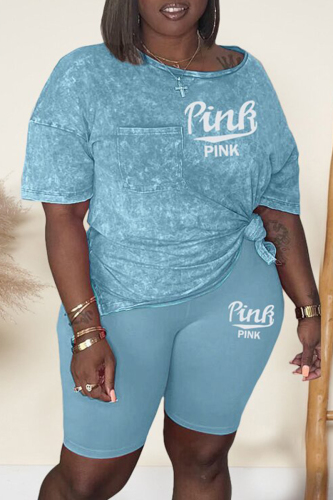 Sky Blue Casual Letter Print Patchwork O Neck Short Sleeve Two Pieces