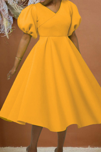 Yellow Casual Elegant Solid Patchwork V Neck Evening Dress Dresses