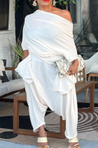 White Casual Solid Patchwork Oblique Collar Plus Size Jumpsuits