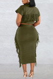 Ink Green Casual Solid Tassel Patchwork O Neck Short Sleeve Two Pieces