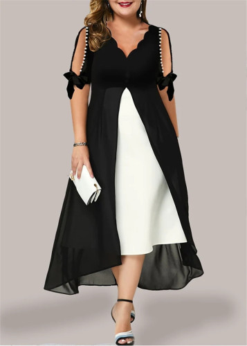 Black Casual Solid Patchwork V Neck A Line Dresses