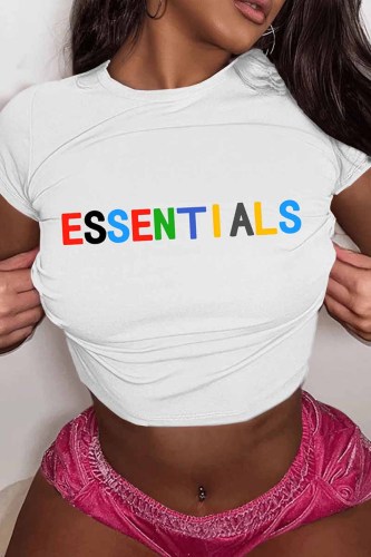 White Casual Print Letter O Neck T-Shirts