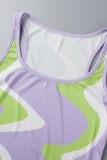 Purple Casual Print Vests Pants U Neck Sleeveless Two Pieces