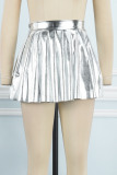 Silver Gray Casual Solid Patchwork Fold High Waist Type A Solid Color Bottoms