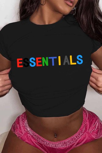 Black Casual Print Letter O Neck T-Shirts