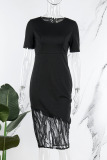 Black Casual Solid Patchwork Beading O Neck One Step Skirt Dresses