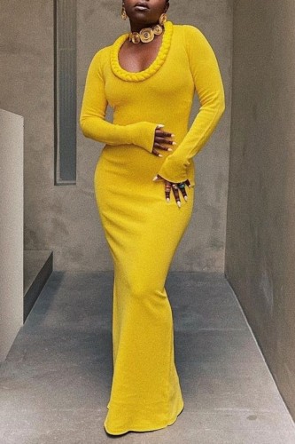Yellow Casual Solid Patchwork O Neck Long Sleeve Dresses