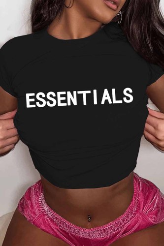 Black Casual Print Letter O Neck T-Shirts