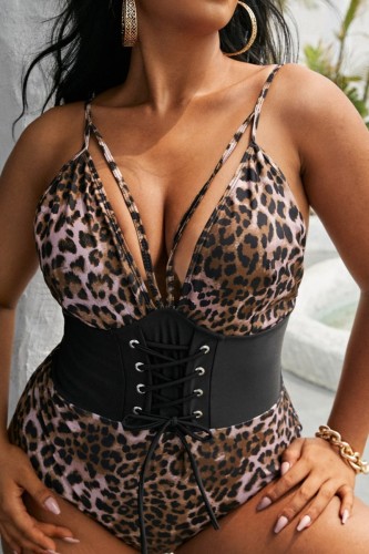 Leopard Print Sexy Print Leopard Patchwork Backless Spaghetti Strap Plus Size Swimwear (With Paddings)