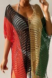 Red Blue Sexy Patchwork Tassel Hollowed Out See-through Contrast Swimwears Cover Up