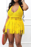 Red Sexy Solid Tassel Hollowed Out Patchwork Halter Sleeveless Two Pieces