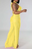 Yellow Sexy Casual Solid Bandage Backless Slit Halter Sleeveless Two Pieces