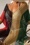 Red Blue Crochet Deep V Neck Short Sleeve Tassel Hollowed Out See-Through Vacation Beach Swimwears Cover Up