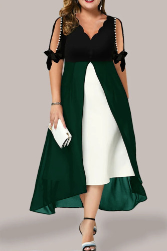 Ink Green Casual Solid Patchwork V Neck A Line Dresses