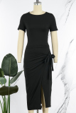 Black Casual Solid Bandage Slit O Neck Short Sleeve Two Pieces