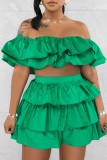 Green Sexy Casual Solid Patchwork Backless Off the Shoulder Short Sleeve Two Pieces