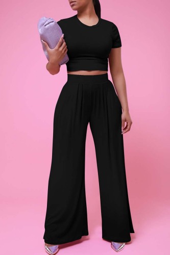 Black Casual Solid Basic O Neck Short Sleeve Two Pieces