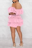 Pink Sexy Casual Solid Patchwork Backless Off the Shoulder Short Sleeve Two Pieces