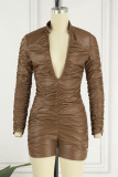 Brown Sexy Solid Fold V Neck Skinny Rompers