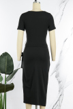 Black Casual Solid Bandage Slit O Neck Short Sleeve Two Pieces