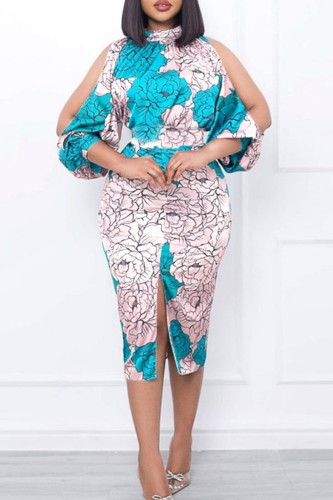 Multicolor Casual Print Slit Half A Turtleneck One Step Skirt Dresses