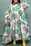 Rose Red Casual Print Patchwork Buckle Fold Turndown Collar Long Dress Plus Size Dresses