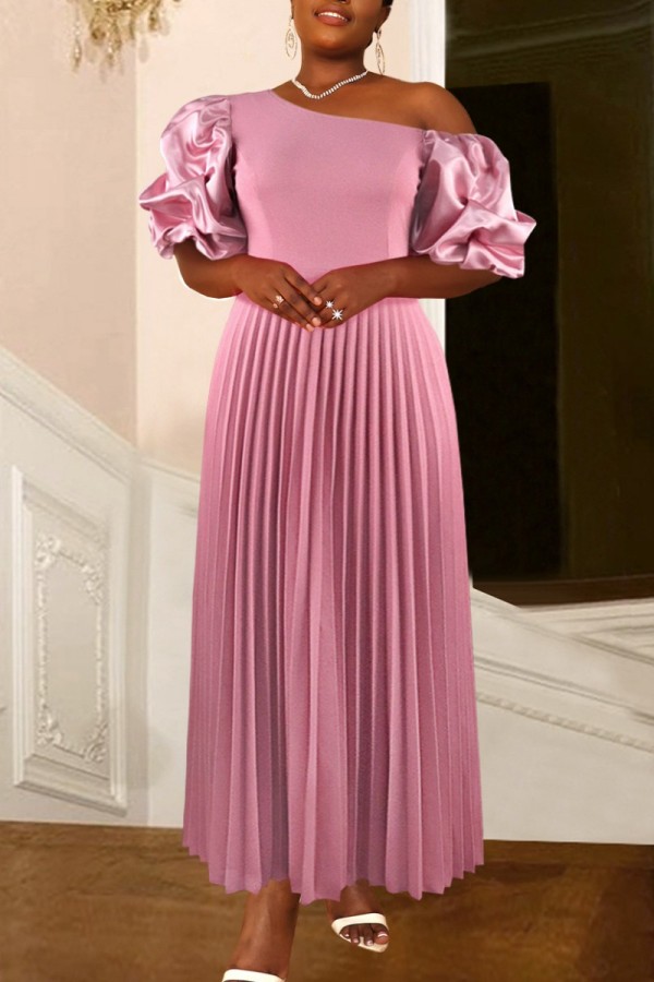 Pink Casual Solid Patchwork Oblique Collar Pleated Dresses