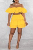 Yellow Sexy Casual Solid Patchwork Backless Off the Shoulder Short Sleeve Two Pieces