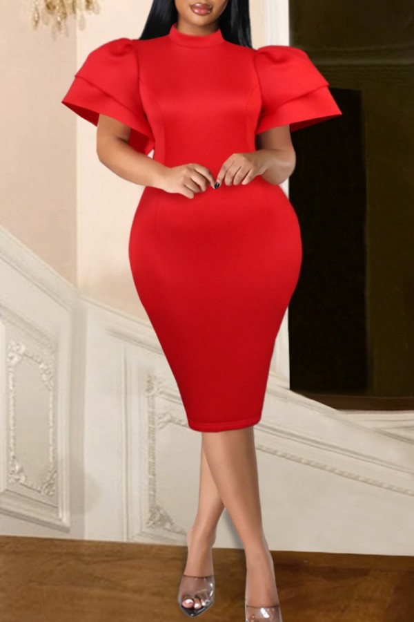 Red Formal Solid Slit Half A Turtleneck Evening Dress Dresses