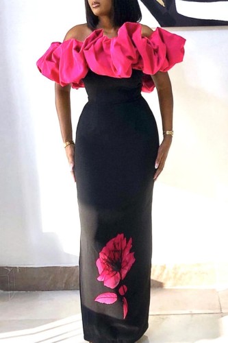 Rose Red Sexy Casual Print Patchwork Backless Off the Shoulder Long Dress Dresses
