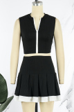 Black Casual Solid Patchwork Contrast Zipper Collar Sleeveless Two Pieces