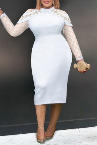 White Casual Solid Patchwork O Neck Long Sleeve Dresses