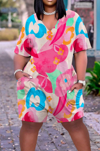Pink Casual Street Print Patchwork V Neck Straight Rompers